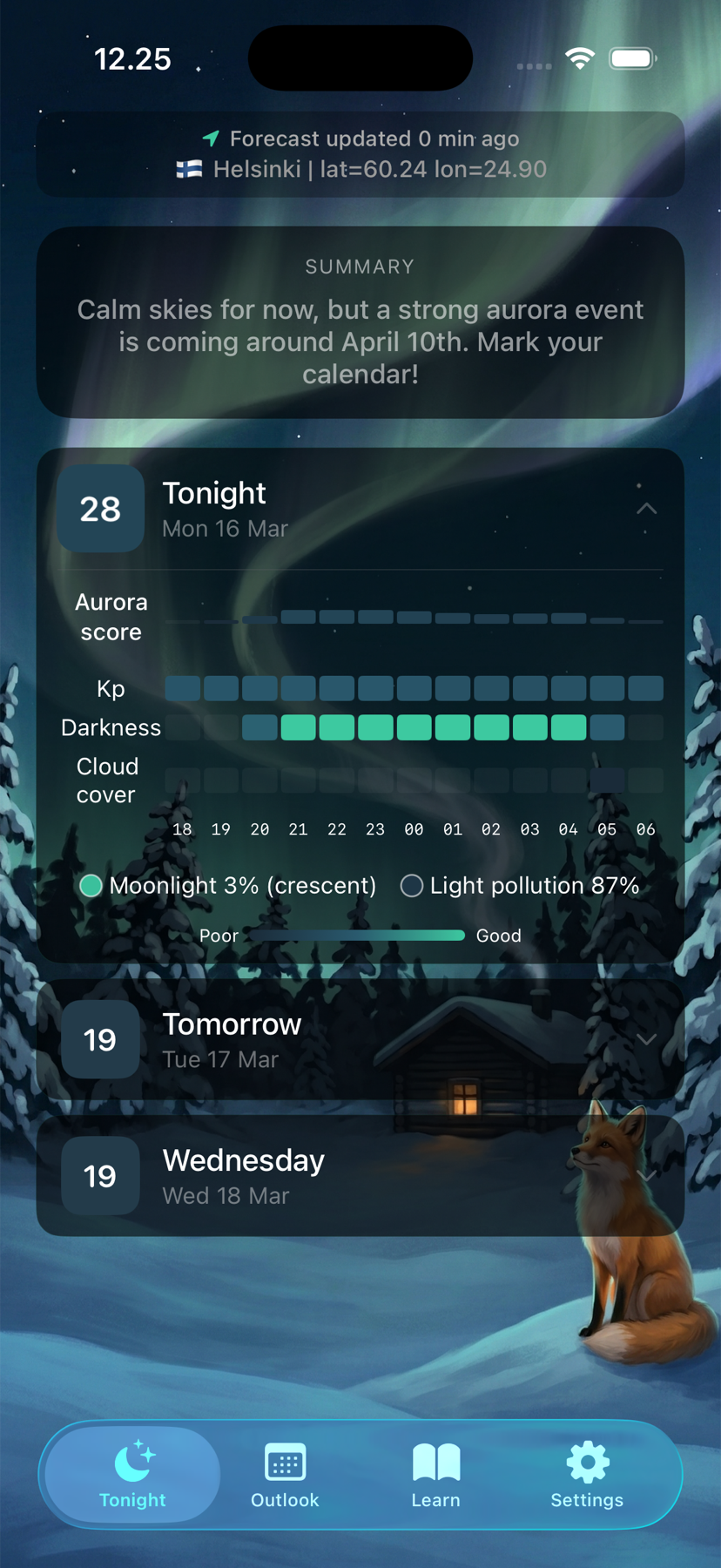 Revon app showing the three-night aurora forecast screen